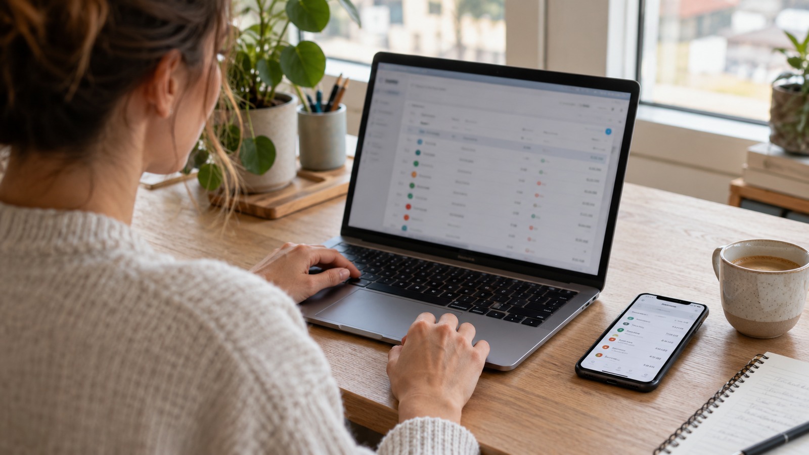 Smartphone en laptop tonen hoe banktransacties in de boekhouding binnenkomen.