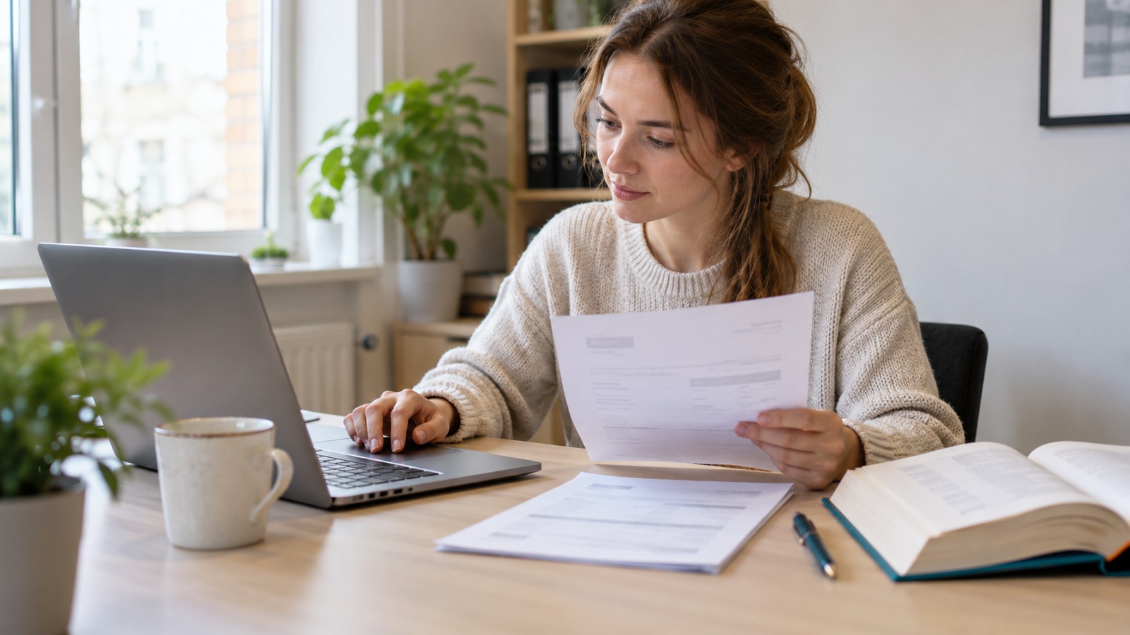 Engelstalige factuur op een laptop naast een woordenboek en pen.