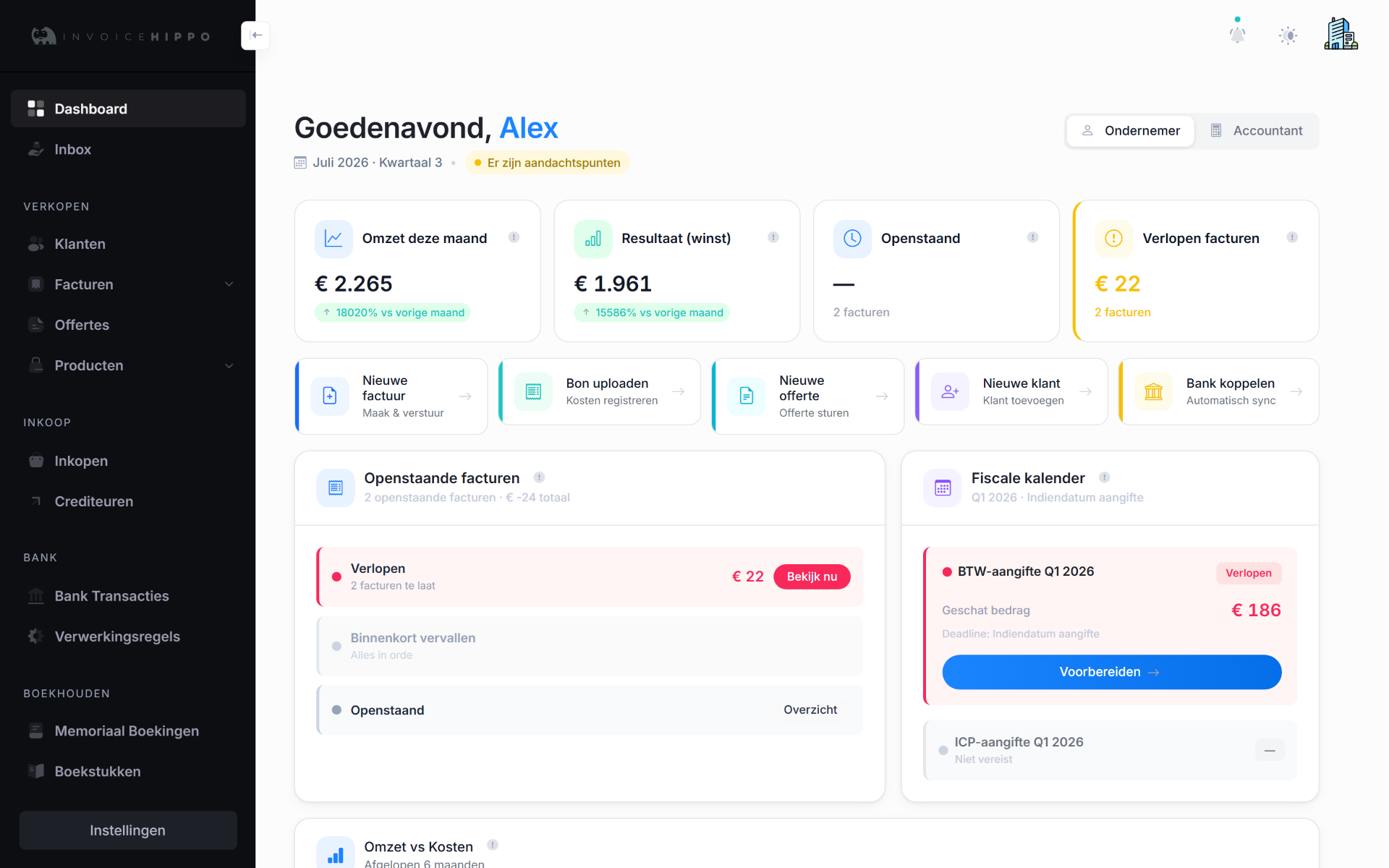 InvoiceHippo dashboard met omzet, resultaat, openstaande en verlopen facturen.