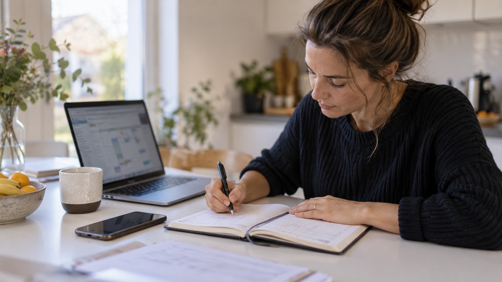 Ondernemer noteert gewerkte uren in een agenda naast een digitaal urenoverzicht.