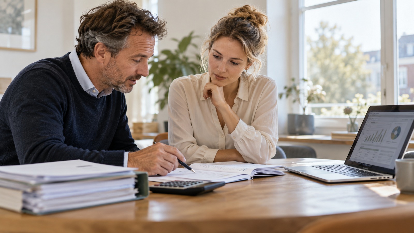 Rekenmachine en dossier naast een laptop voor de keuze tussen accountant en software.
