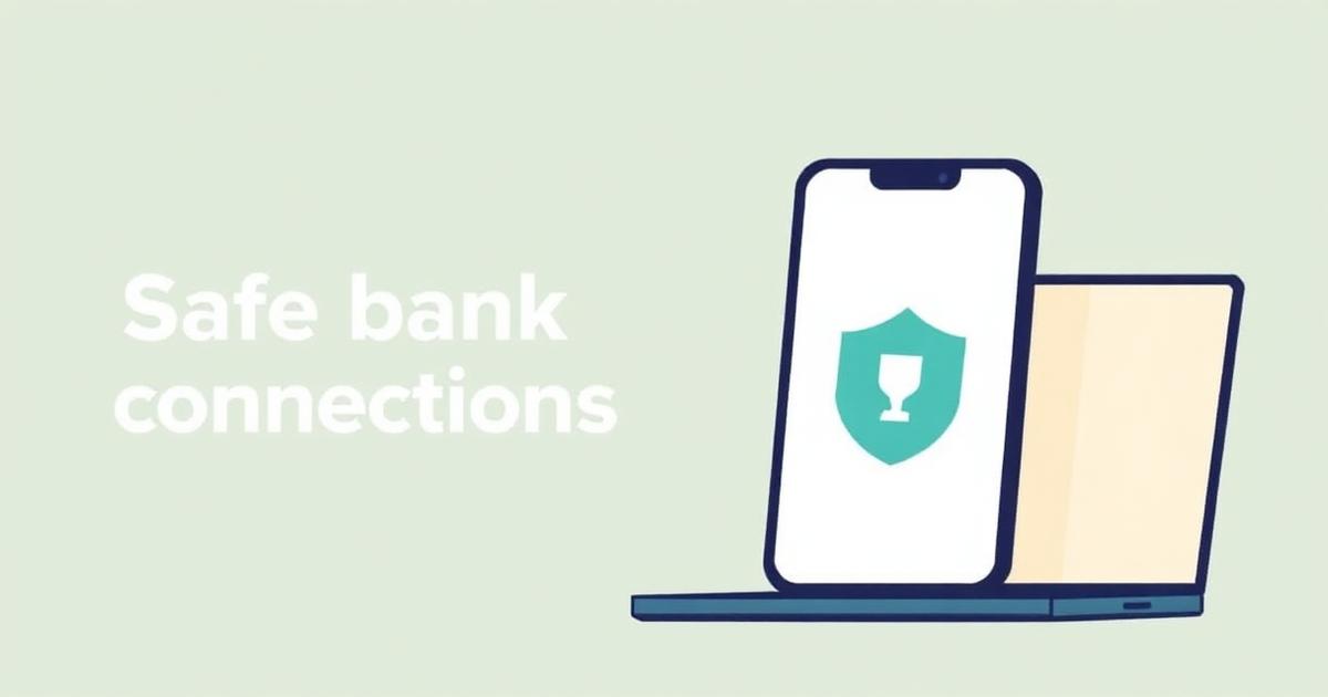 Illustratie van een laptop en telefoon met een schild — verwijst naar veilige bankkoppelingen.