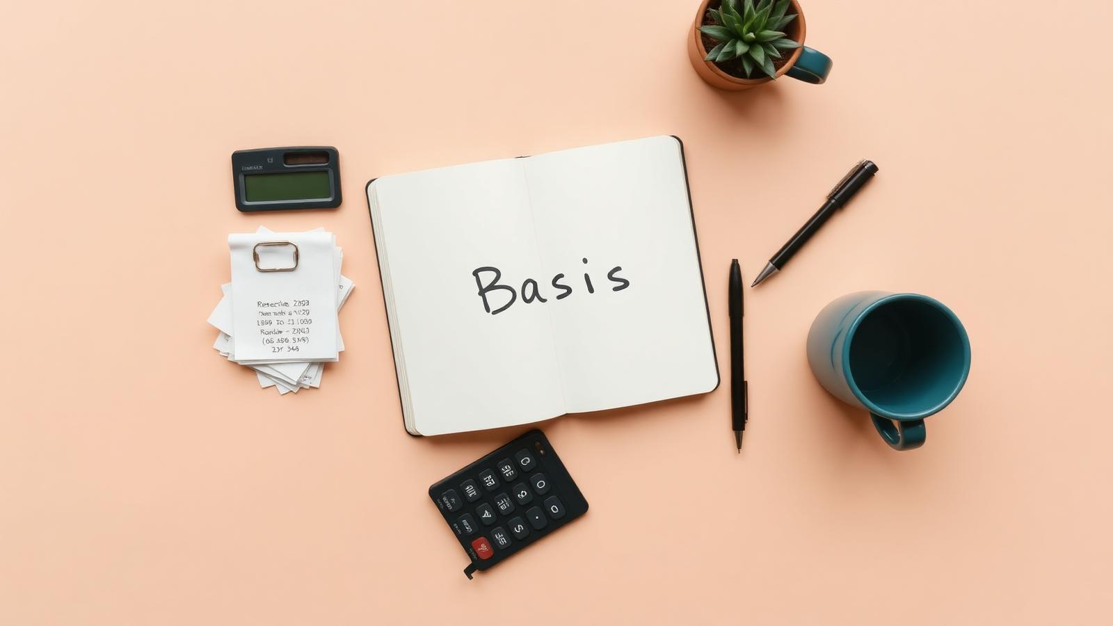 Bovenaanzicht van een opengeslagen notitieboek met het woord 'Basis', een stapeltje bonnetjes, een rekenmachine, pen en koffiemok — de basis voor beginnend boekhouden.