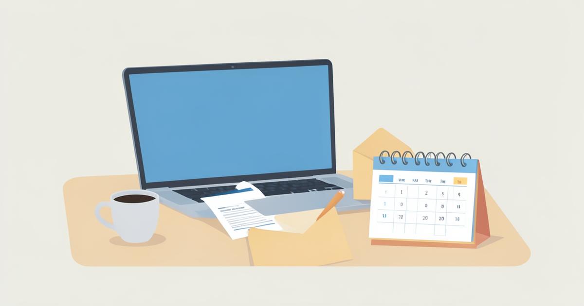 Bureau met laptop, een open envelop met een belastingformulier, een kalender en een kop koffie.