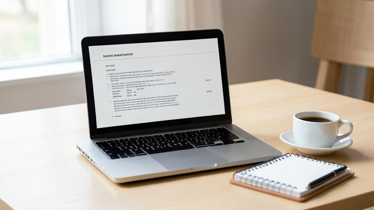 Een laptop op een licht bureau met een Engelstalige factuur op het scherm, met een notitieblok en pen ernaast. Een laptop op een licht bureau met een Engelstalige factuur op het scherm, met een notitieblok en pen ernaast.