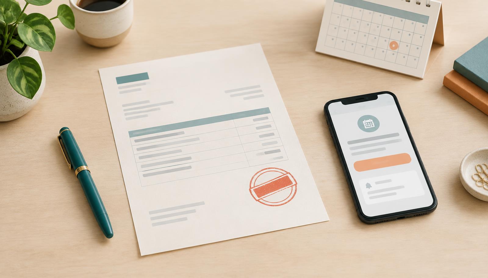 Openstaande factuur naast een telefoon met betalingsherinnering en een kalender. Openstaande factuur naast een telefoon met betalingsherinnering en een kalender.