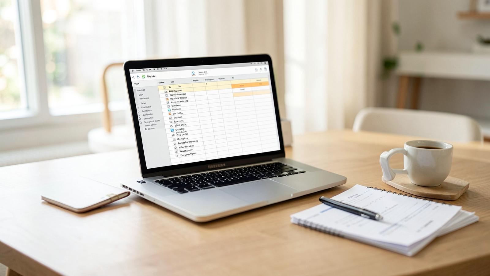 Werkplek met laptop, notitieblok en koffie waarop een overzicht van EU-klanten wordt bijgehouden. Werkplek met laptop, notitieblok en koffie waarop een overzicht van EU-klanten wordt bijgehouden.
