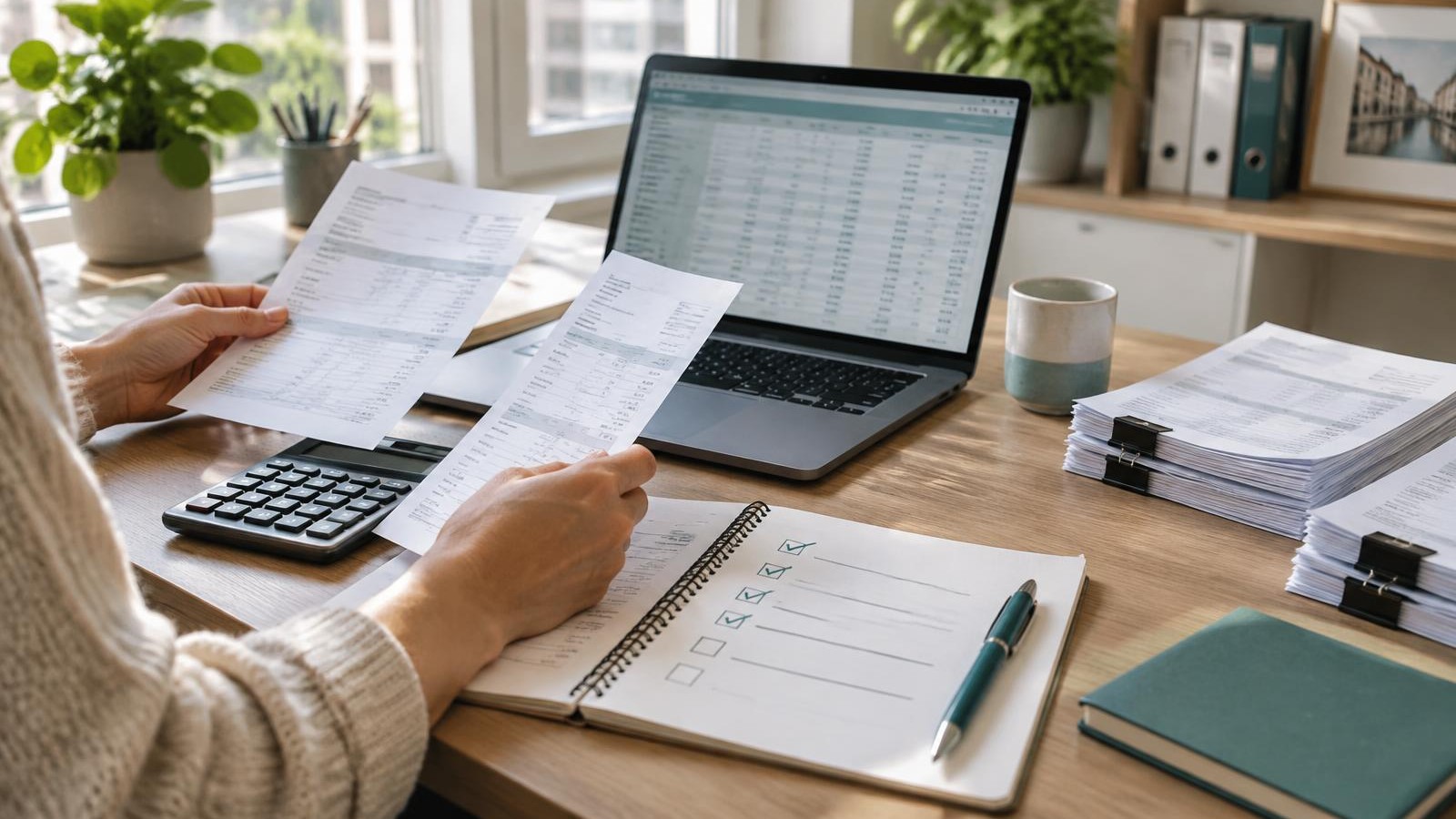 Ondernemer vergelijkt papieren facturen naast een laptop, rekenmachine en afvinklijst op een bureau. Ondernemer vergelijkt papieren facturen naast een laptop, rekenmachine en afvinklijst op een bureau.