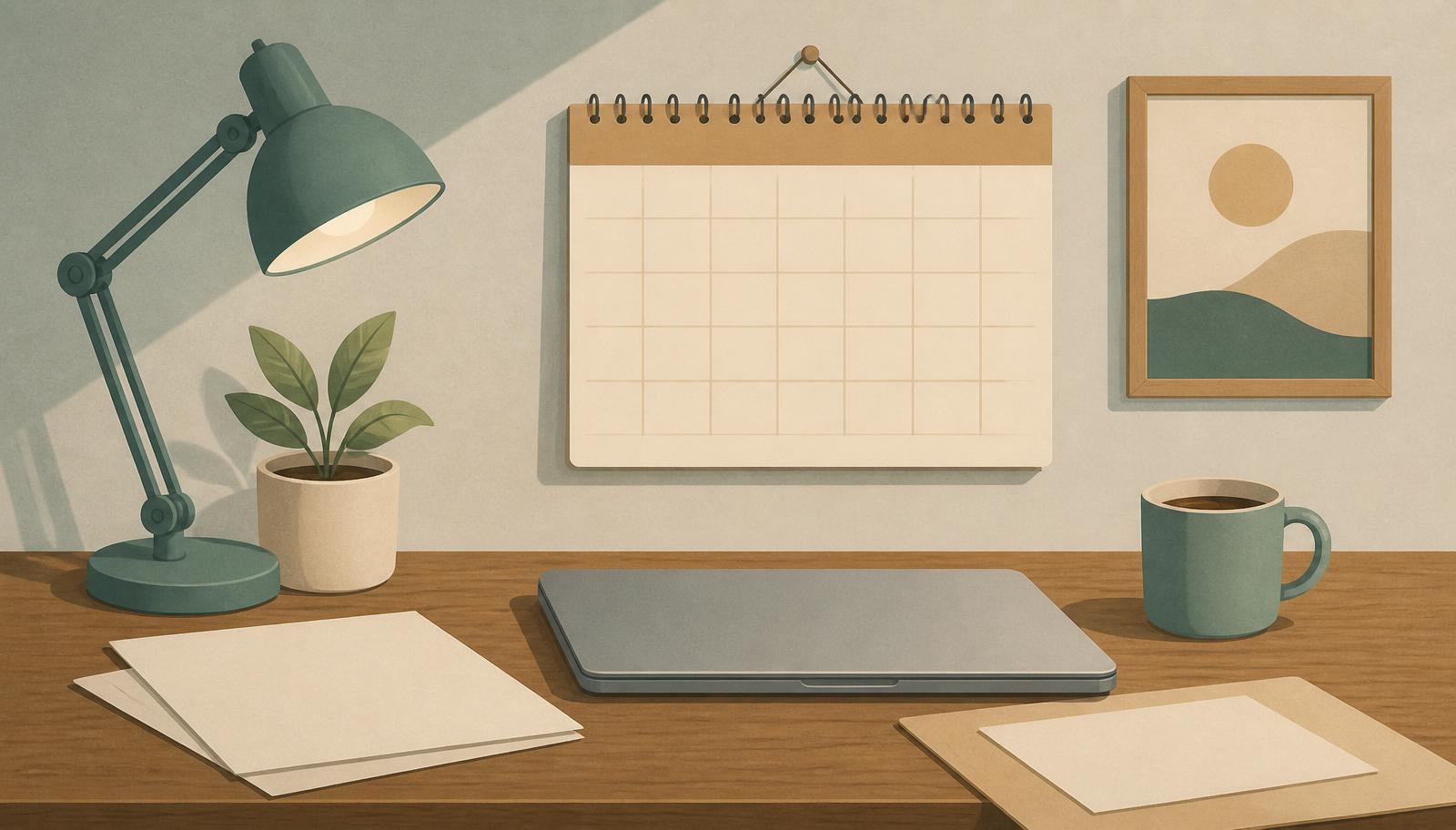 Bureau met lamp, lege wandkalender, gesloten laptop, papieren en een mok koffie.