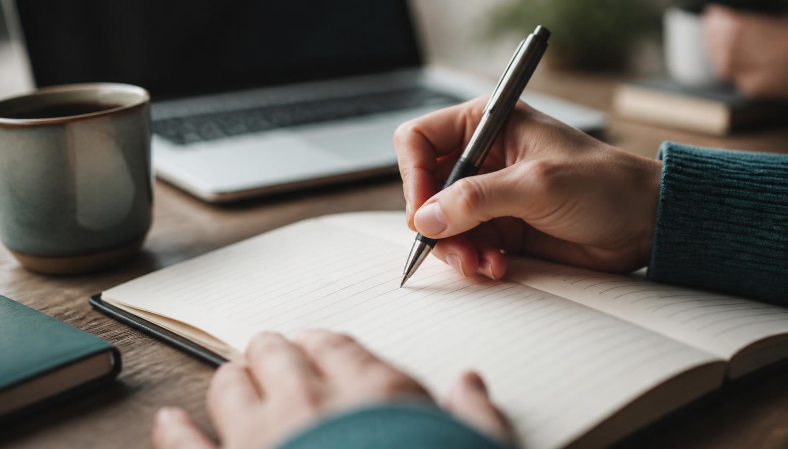 Iemand schrijft gewerkte uren in een notitieboek aan een bureau met laptop en kop koffie.