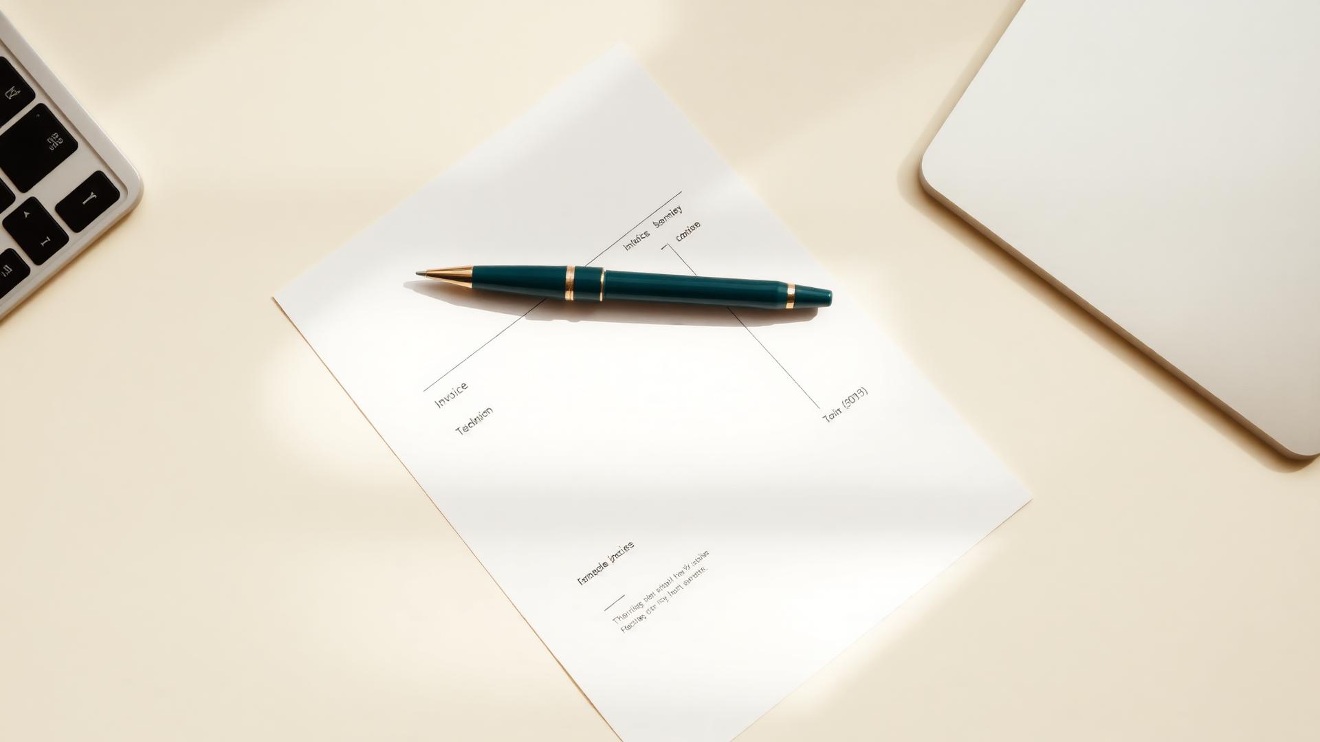 Een netjes opgemaakte factuur op papier op een licht bureau, met een pen en een laptop ernaast.
