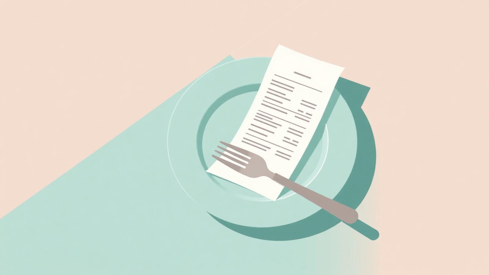 Illustratie van een restaurantrekening op een bord met bestek — verwijst naar de aftrekbaarheid van zakelijke etentjes.