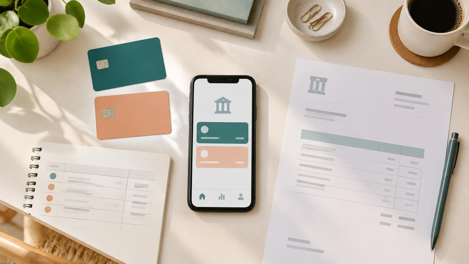 Twee bankpassen naast een telefoon en administratie voor de keuze tussen een zakelijke en privérekening. Twee bankpassen naast een telefoon en administratie voor de keuze tussen een zakelijke en privérekening.
